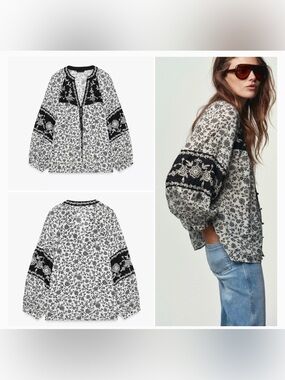 ZARA Floral Print Beaded Embroidery Blouse, NEW WITH TAGS, Small